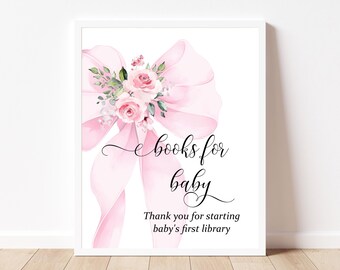 Libros de baby shower con lazos modernos para niña, letreros para bebé, decoración editable y elegante con lazo ruborizado, descarga instantánea imprimible BS39