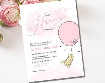 Winnie The Pooh Baby Shower Invitation, Classic Winnie Baby Shower Invitation, Girl Winnie The Pooh Invite, Baby Girl Shower, Editable, BS15