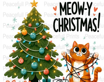 Meowy Christmas Cat SVG PNG JPG, Cute Holiday Tree Clipart, Funny Christmas Shirt Design Digital Download