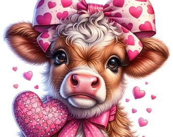 Valentine Highland Cow PNG Clipart | Heart Bow (Digital Download