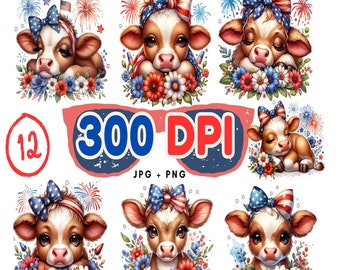Clipart patriottische hooglandkoe, 4 juli png-bundel (commercieel gebruik)