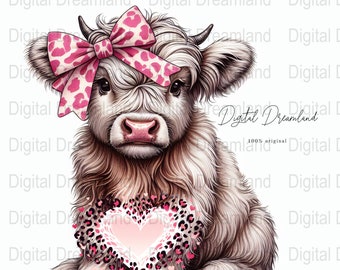 Heart Highland Cow Clipart: Bow, Commercial Use (Digital Download)