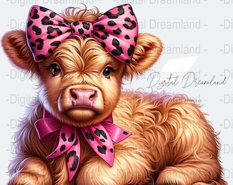 Pink Bow Highland Cow Clipart | Valentine's Decor (Digital Download)