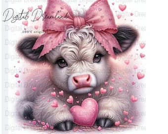 Highland Cow Valentine Clipart | Hearts, Pink Bow (Commercial Use)