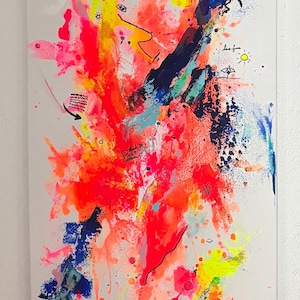 Pintura acrílica sobre lienzo de 50 x 100 cm · Expresionismo abstracto · Formato vertical, pieza única · Arte mural colorido · Obra impactante