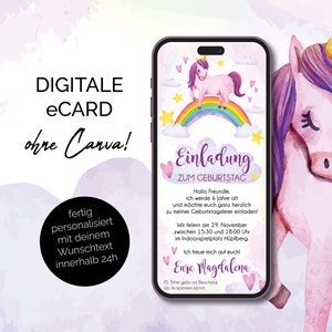 Convite digital unicórnio de aniversário infantil, cartão de convite personalizado unicórnio de aniversário, cartão eletrônico de convite de aniversário Whatsapp