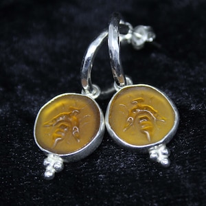 Roman Art Handmade Enamel Bee Intaglio Earring, 925K Solid Sterling Silver,gold elektro vermeil, minimalist statement , mothers day ,
