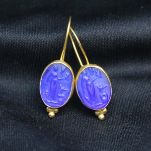 Enamel Intaglio Woman and Pigion Earring - Roman Art Handmade 925K Solid Sterling Silver - Gold Elektro Vermeil - Minimalist Statement Gift