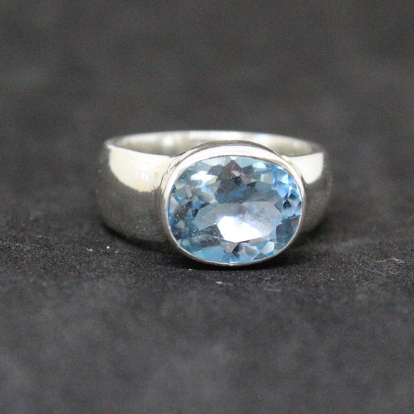 Natural Blue Topaz Silver Ring, Wide Band Ring, Handcrafted Victorian Style Jewelry, Artisan Crafted Blue Topaz Ring, Timeless Style Ring