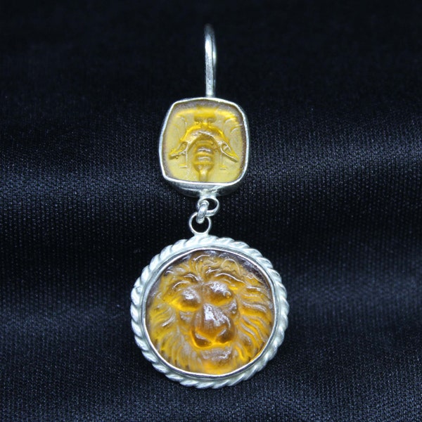 Pendentif art romain en verre fait main abeille et lion en taille-douce, argent sterling massif 925 carats, or elektro vermeil, pendentif de designer minimaliste