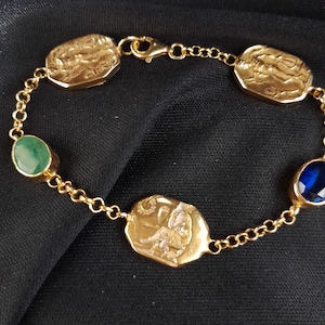Roman Art Handmade Natural Emerald and sapphire Stone Bracelet , 925K Solid Sterling Silver, gold elektro vermeil, minimalist statement