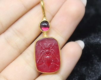 Handmade Garnet Bee Intaglio Pendant: 925K Sterling Silver, 24K Gold Vermeil