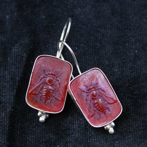 Roman Art Handmade Enamel Bee Intaglio Earring - 925K Solid Sterling Silver - gold elektro vermeil - minimalist statement - mothers day .