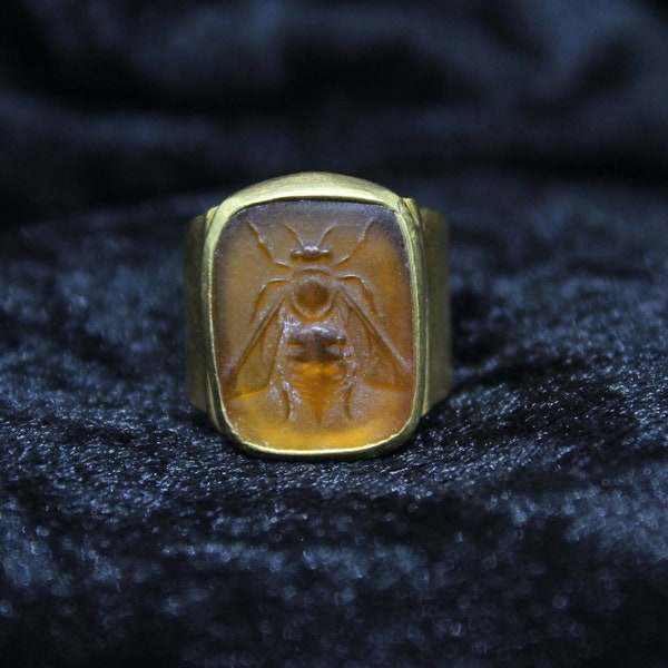 Roman Art Handmade Glass Bee Intaglio Ring, 925K Solid Sterling Silver, gold elektro vermeil, minimalist statement ring, mothers day ,