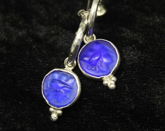 Blue Glass Intaglio Silver Earring, Glass Intaglio Jewelry, Natural Blue Glass Earring, Blue Silver Jewelry, Handmade Women's Jewelry