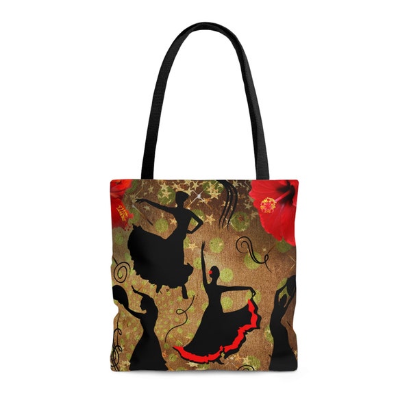 Flamenco Dancer & Hibiscus Flower Design AOP Tote Bag 3 SIZES Dance Gift Birthday Present Useful Artistic Shopping Accessory Spanish dancing