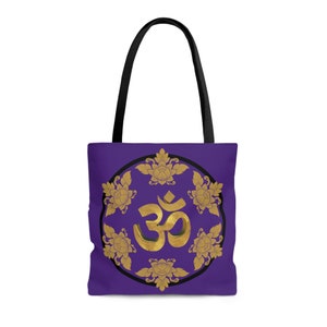Purple Gold Black Om & Lotuses Tote Bag AOP 3 SIZES Aum Mantra Hindu Hinduism Ecobag canvas beach yoga meditation spiritual mantra shopping