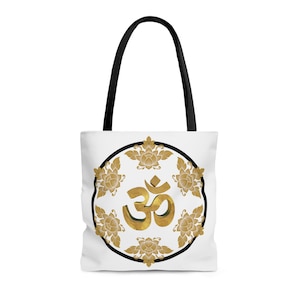 White Gold Black Om & Lotuses Tote Bag AOP 3 SIZES Aum Mantra Hindu Hinduism Ecobag canvas beach yoga meditation spiritual mantra festival