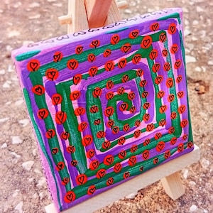 MINI canvas spiral square hearts painting hand painted original tiny stretched canvas miniature wooden easel stand birthday card alternative
