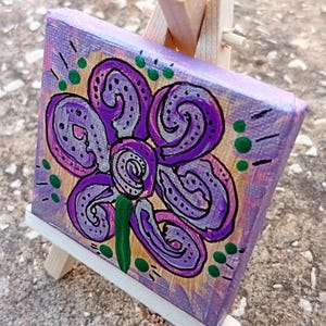 MINI tela abstrata de pintura de flores pintada à mão, original, pequena tela esticada, miniatura de cavalete de madeira, suporte para cartão de aniversário, alternativa de 7 cm