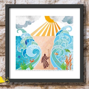 Moses splits the sea | Kriyat Yam Suf | Splitting the sea | Biblical art | Jewish Judaica | colorful religious print