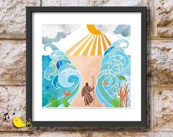 Moses splits the sea | Kriyat Yam Suf | Splitting the sea | Biblical art | Jewish Judaica | colorful religious print