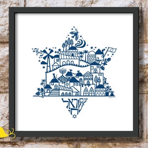 Star of David | Israel skyline | Magen David | Jerusalem | Jewish artwork | Judaica Art