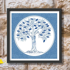 Peut inclure: Impression encadrée représentant un arbre bleu avec des feuilles portant des noms. L'arbre est placé sur un fond bleu à motifs dans un cercle blanc. Le cadre est noir. Le texte "Fran & David Woolf" est en bas.