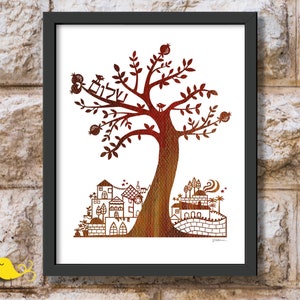 Jerusalem Old City | Shalom | Peace | Pomegranate Tree | Papercut print | Judaica | Jewish Art