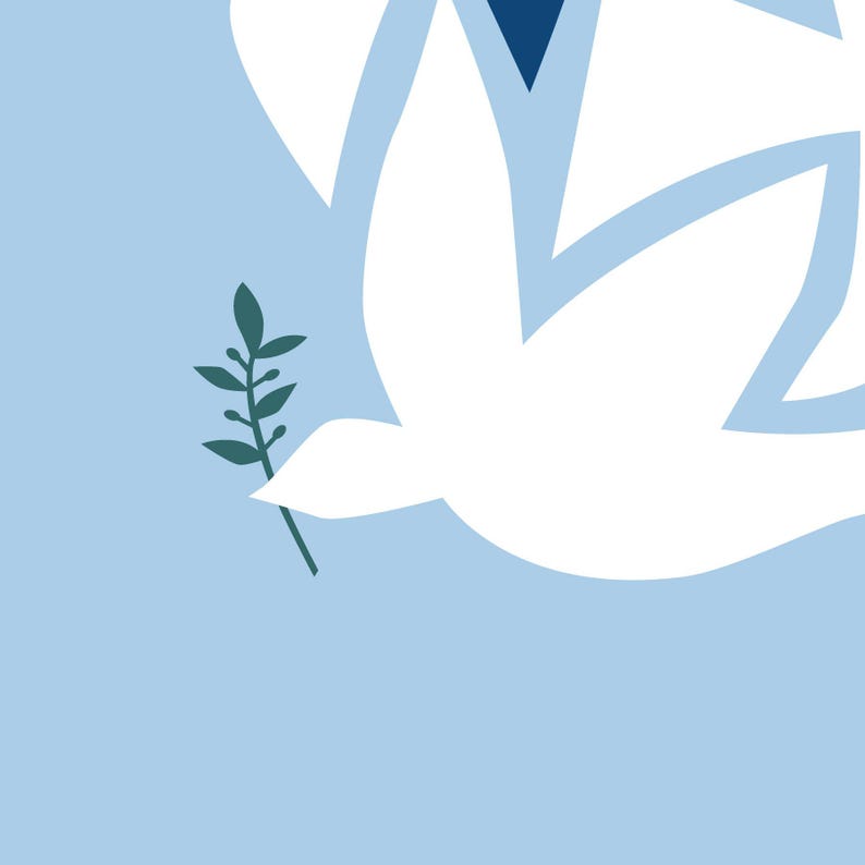 A stylized white dove holding a green leaf against a light blue background.