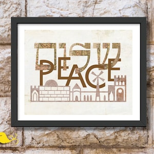 Shalom Kartenkunst | Frieden in Israel | Betet für den Frieden | Kunst | Hergestellt in Israel | Typografie Jüdische Kunst