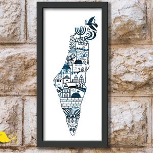 Israel Kunst | Israel Karte Kunst | Jerusalem Druck | Vergissmeinnicht BJD Papierschnitt | Jüdische Kunst | Eretz Yisrael | Landkarte Israel