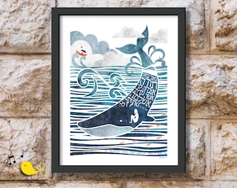 Arte de Jonás y la ballena / Arte bíblico / Arte de ballenas / Arte de las Escrituras / Mi salvación viene del Señor / Diseño judío