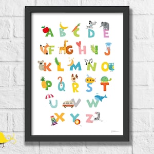 Cartel del alfabeto / Decoración de la habitación de los niños / Arte de la pared de los niños / Arte educativo / cartel de aprendizaje colorido / diseño caprichoso / Impresión divertida