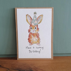 Handgemalte Aquarell Klappkarte/ Postkarte - Happy Birthday Geburtstag Hase Bunny