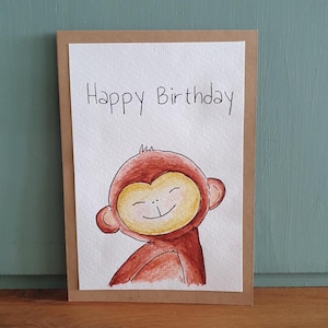 Handgemalte Aquarell Klappkarte/ Postkarte - Happy Birthday Affe