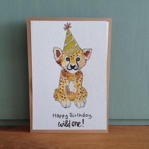 Handgemalte Aquarell Klappkarte/ Postkarte - Happy Birthday Geburtstag Leopard