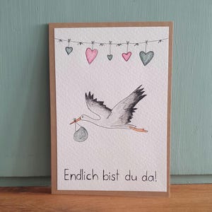 Personalisierte Karte zur Geburt- Handgemalte Aquarell Klappkarte/ Postkarte - Geburt Baby Endlich bist du da