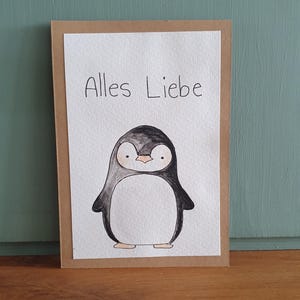 Handgemalte Aquarell Klappkarte/ Postkarte - Happy Birthday Herzlichen Glückwunsch Pinguin