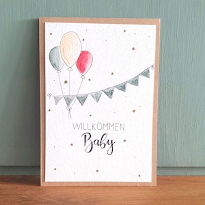 Handgemalte Aquarell Klappkarte/ Postkarte - Geburt Baby