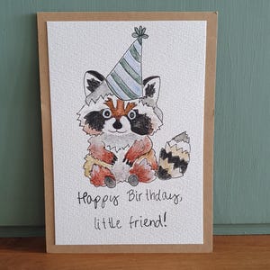 Handgemalte Aquarell Klappkarte/ Postkarte - Happy Birthday Geburtstag Waschbär Waldtiere