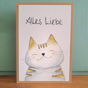 Personalisierte Karte zum Geburtstag- Handgemalte Aquarell Klappkarte/ Postkarte - Happy Birthday Katze