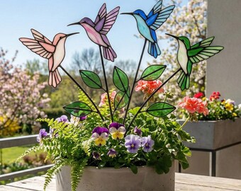 Stained Glass Hummingbird Plant Stake, Flower Pot Decor, Bird Suncatcher, Gardening Gift for Mom, Grandma Birthday, Spring Garden Art