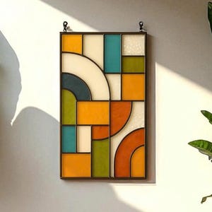 Mid Century Stained Glass Wall Hanging – Geometric Boho Suncatcher Decor – Retro Colorful Handmade Glass Art for Modern Home Gift