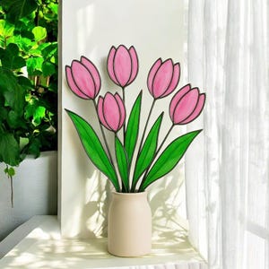 Pink Tulip Glass Flower Bouquet – Handmade Summer Gift for Her, Window Decor, Wedding Table Centerpiece