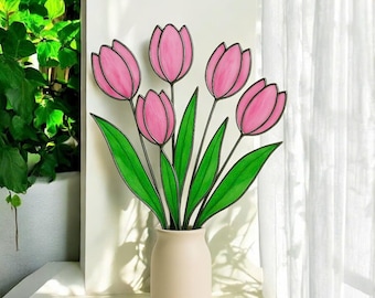 Pink Tulip Glass Flower Bouquet – Handmade Summer Gift for Her, Window Decor, Wedding Table Centerpiece
