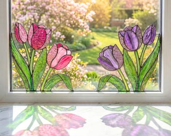 Valentine Gift for Her, Stained Glass Tulip Corner, Romantic Window Decor, Anniversary Gift for Wife, Red Flower Suncatcher, Love Token