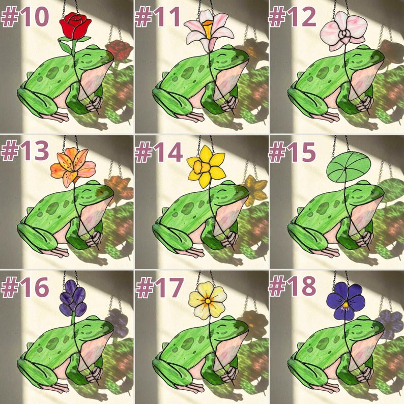 May include: A collection of stained glass frog suncatchers, each featuring a different flower. The frogs are green with white bellies and are suspended by a chain. The flowers include a red rose, white lily, pink orchid, orange lily, yellow daffodil, and more.