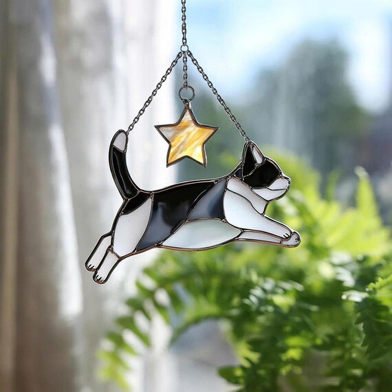 Stained Glass Cat Suncatcher Window Hanging | Tuxedo Black and White Cat with Star | Handmade Cat Lover Gift