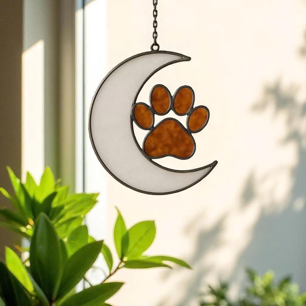 Custom Stained Glass Pet Memorial Suncatcher: Paw Print Rainbow Bridge Gift